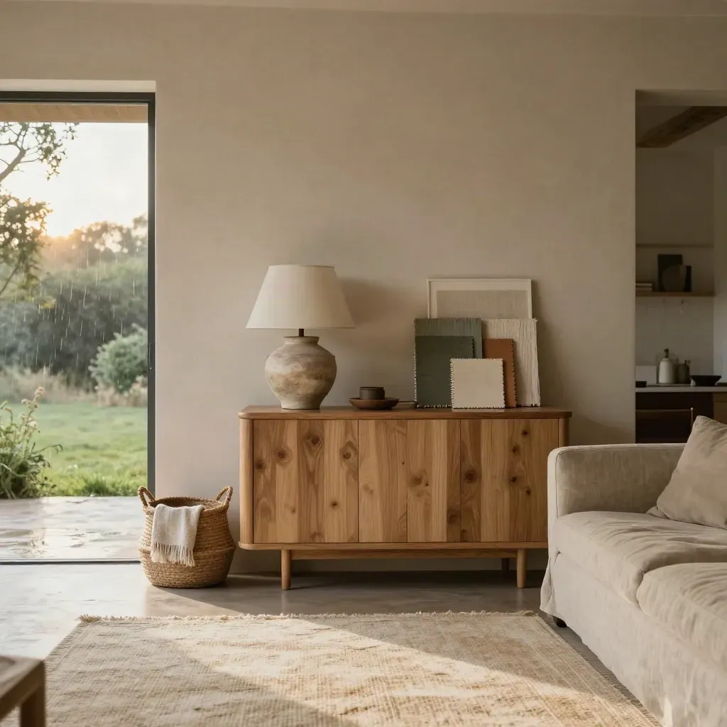 Cinematic living room corner with oak console, linen sofa, lamp, rug and material samples in rain light.