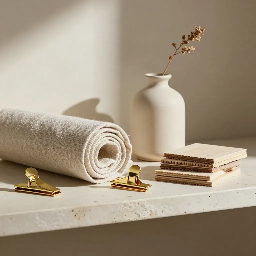 Still life of linen swatches, brass clips, bud vase, and wood samples on a plaster shelf.