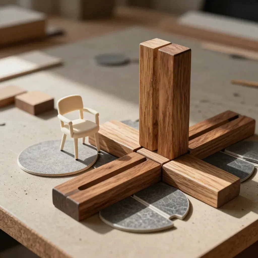 Macro of wood scale blocks, tiny chair model, rug chip and floor tiles on a drafting bench.