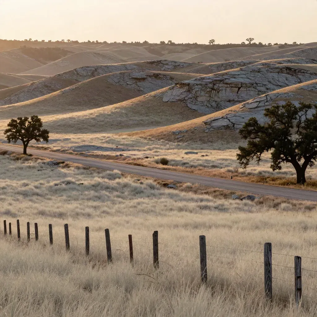 Hazy golden Central Texas hills, cedar breaks, and a quiet road with open scrubland for copy.
